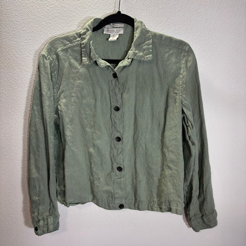 Rachel Zoe Linen Crop Jacket Shirt Green Button Front Lightweight Size S